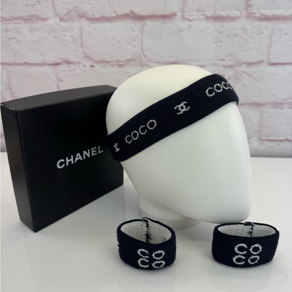 Chanel Sport Line Terry Cloth Navy and White CC Headband and Wristbands Set